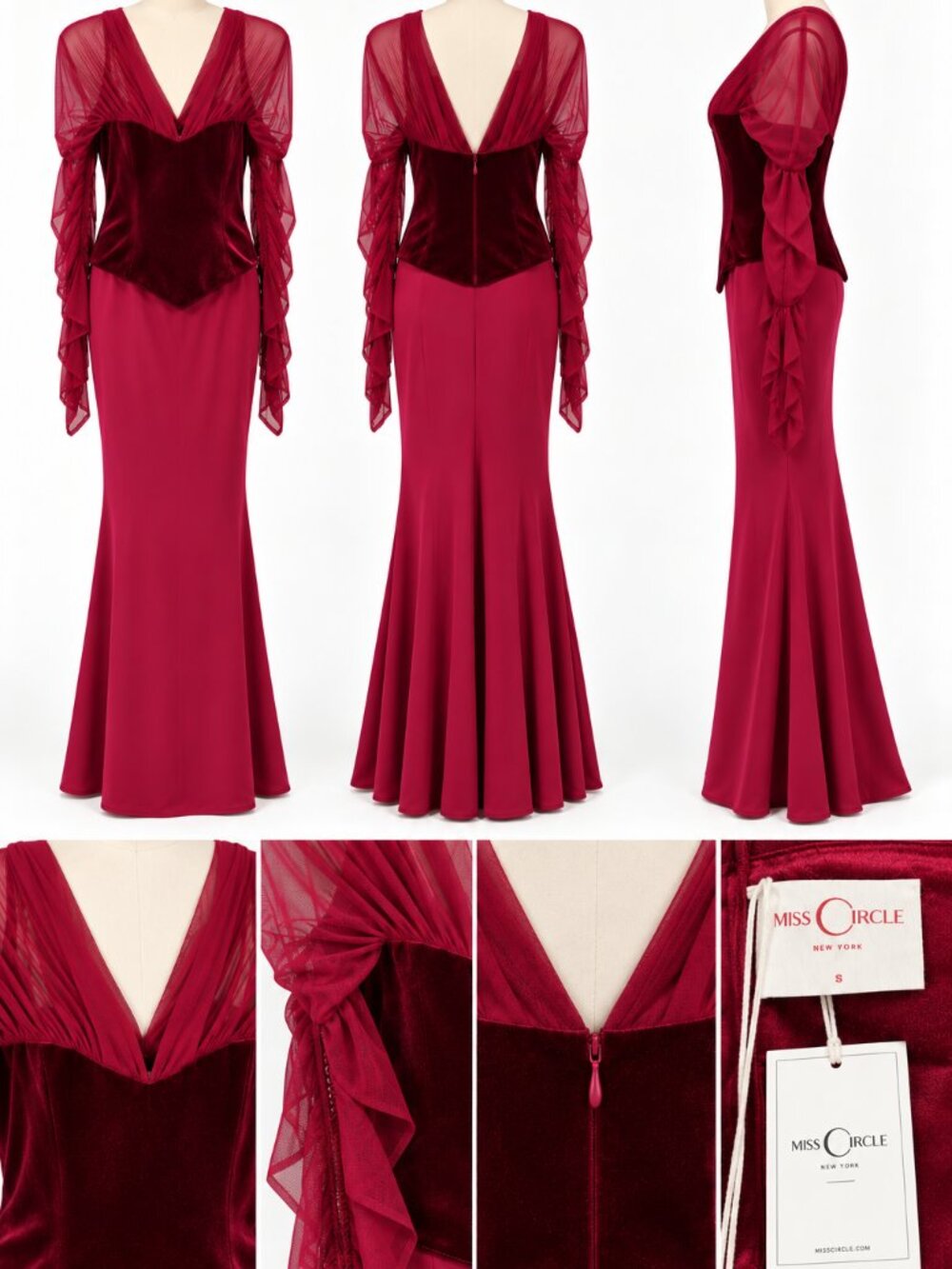 Miss Circle Maybelle Magenta Velvet Mesh Peplum Maxi Dress – Size S – NWT